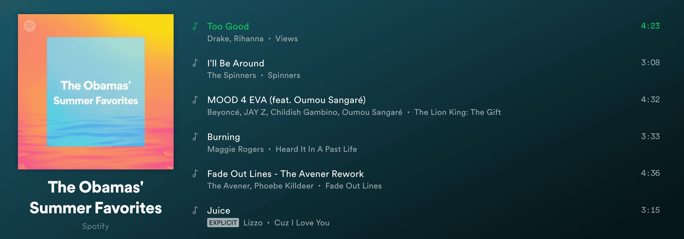 'Don't You Worry About a Thing', as featured on DJ Spinna's 'Wonder of Stevie Vol. 3' on Barack and Michelle Obamas' 'Summer Favorites' Spotify playlist.