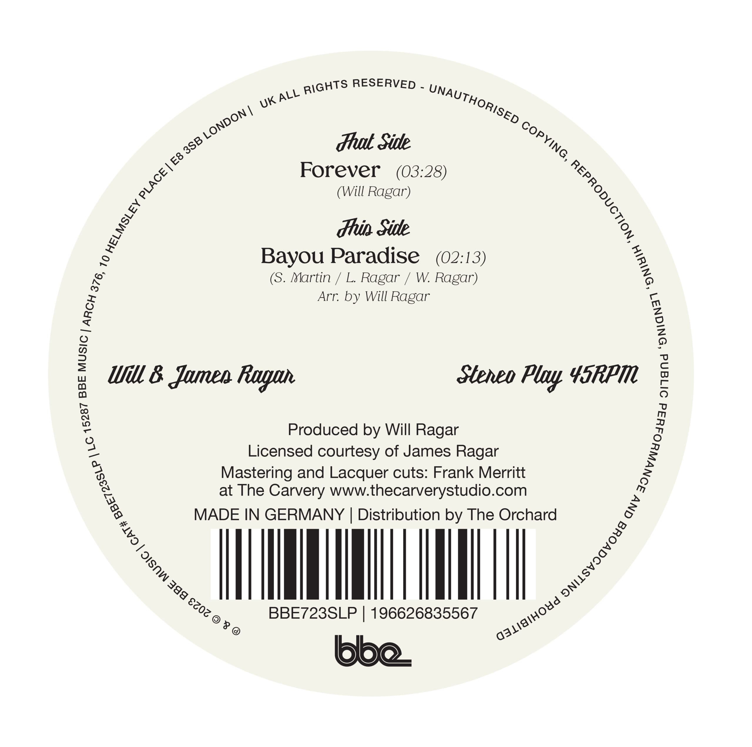 BBE Music announces the first-ever re-issue of this sun baked folk/jazz hybrid 45 by Louisiana brothers Will & James Ragar. First released in 1981, this private press 7" showcases Will & James' songwriting skills, refined performance and sophisticated compositions.