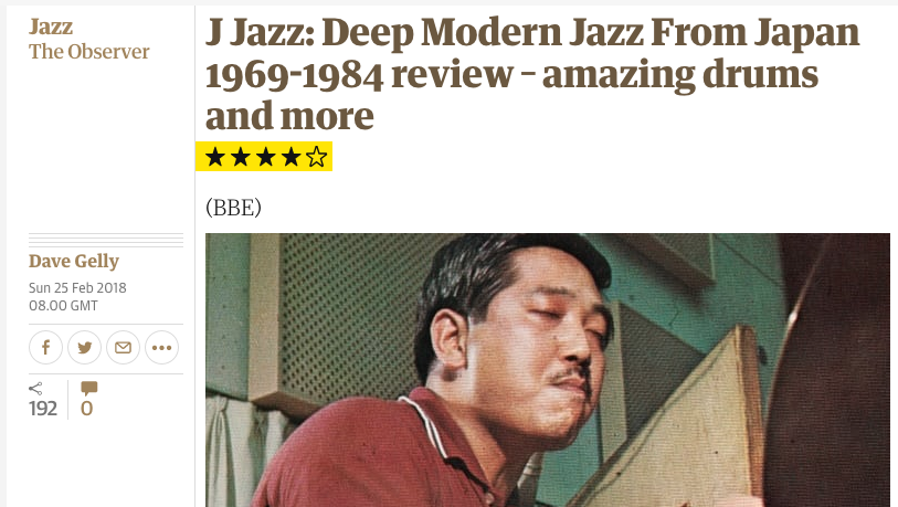 We're delighted to see our new album 'J Jazz - Deep Modern Jazz From Japan 1969 - 1984' has been reviewed in the weekend edition of The Guardian / Observer.