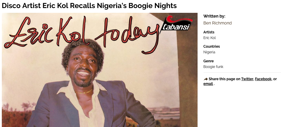 Reissued on BBE, October 25th, Eric Kol talks to Afropop about his ultra-rare Nigerian Disco/Boogie classic album 'Today'.